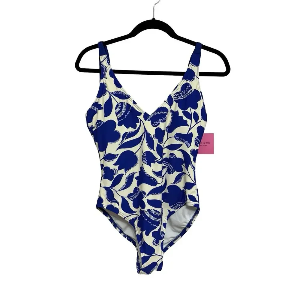 NEW Kate Spade Zigzag Blue and White Floral Bow-Strap V-Neck One-Piece - Size L